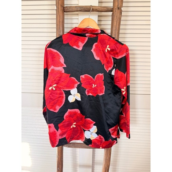Natori Floral Print Button Down Long Sleeve Top Blouse/PJ top Red Black Size S - Picture 2 of 3